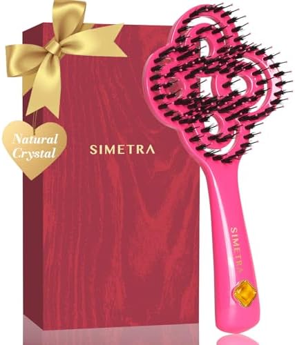 SIMETRA Lucky Hair Brush for Women, 14K Gold Plated Wet Brush Detangling Brush for All Hair Types, Natural Crystal Inlay Boar Bristle Hair brush, Curly Detangler HairBrush for Scalp Massage Gift by SimetraHairBrush