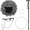 AOTHSO 6 Pieces Old Lady Wig Costume Set Grandma Wig with Cap Cane Pearl Necklace Bracelet for 100 Days of School Halloween by AOTHSO