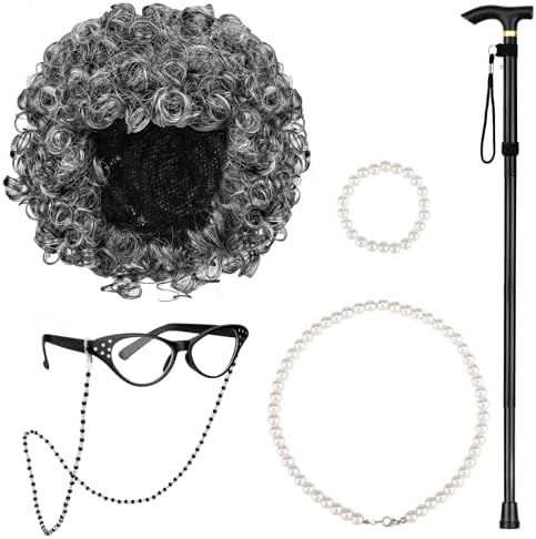 AOTHSO 6 Pieces Old Lady Wig Costume Set Grandma Wig with Cap Cane Pearl Necklace Bracelet for 100 Days of School Halloween by AOTHSO