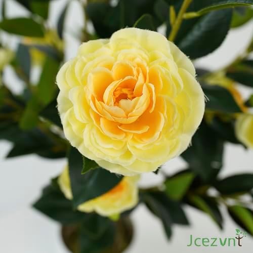 2 Pack Artificial Camellia Tree with White Pot, 38" Faux Potted Plants for Indoor Outdoor Decor, Tall Silk Greenery Plant for Home Offce Living Room Balcony, Yellow - Image 2