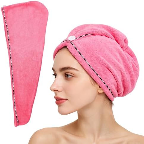 Microfiber Hair Towel Wrap 2 Pack Hair Drying Towel with Button for Women Hair Towel Turban Quick Dry Anti-frizz Absorbent Head Hot Pink by MakemadeDIY