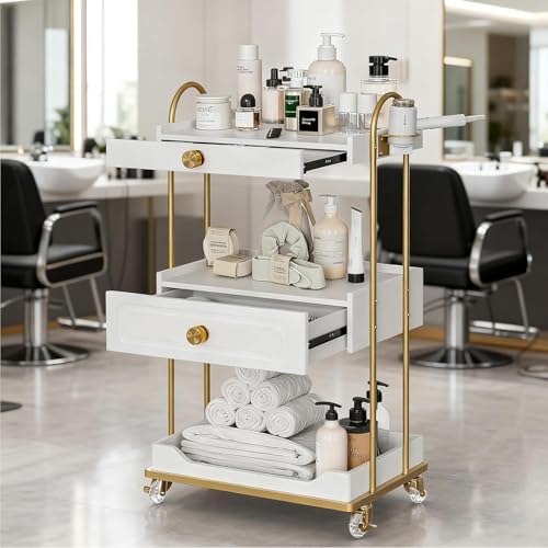 Barber Salon Trolley Cart w/Lockable Wheels, 3-Tier Rolling Beauty Cart with 2 Drawers & Dryer Holder, Mobile Beauty Trolley for Beauty Spa Barbershop(White-New) - Image 2