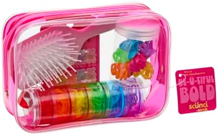 Scunci by Conair Hair Accessories Kit for Women, Hair Clips, Hair Ties & Mini Hair Brush Set, Travel Hair Essentials with Rainbow Polybands & Clear-Sided Storage Pouch, Pink by conair