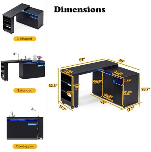 L-Shaped Manicure Table with Large Storage & LED Light (Black) - Image 2