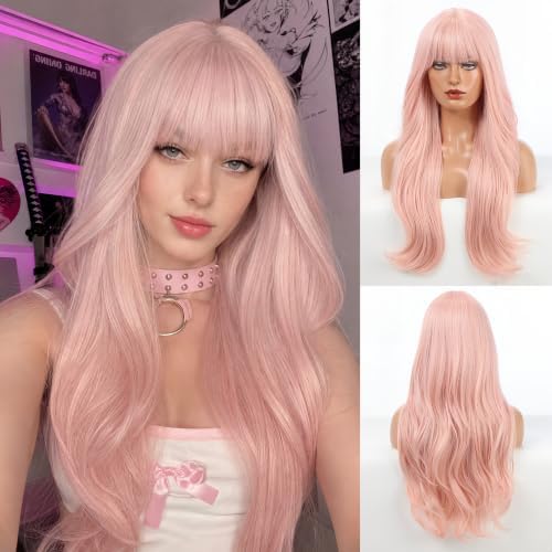 HAIRCUBE Long Baby Pink Highlights Wig with Bangs Layered Curly Wigs for Women Natural Synthetic Wigs for Daily Use (pelucas de cabello natural) by HAIRCUBE