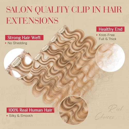 Rich Choices Clip In Hair Extension Real Human Hair-Wave/Curly 6 Pcs Single Clip Hairs Extension for Women-Invisible Mini Clips in Hairpieces-18 Inch #6P613R Light Brown Highlight Bleach Blonde - Image 6