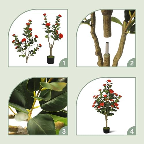 2-Pack 4FT Artificial Camellia Tree,Realistic Fake Potted Plants with Flowers&Planters,Indoor/Outdoor Faux Flowering Trees for Home,Office,Porch,Wedding,and Housewarming Gift Decor,Red - Image 4