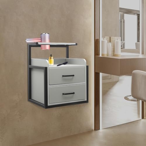 Salon Wall Cabinet with 2 Drawers, Wall Mounted Salon Storage Organizer with Hair Dryer Holder, Hair Station for Beauty Spa Barbershop (Black＋Grey) - Image 2