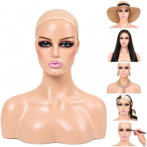 Realistic Female Mannequin Head with Shoulders – Lifelike Cosmetology Manikin Display Bust for Wigs, Jewelry, Necklaces, Hats, Sunglasses, Scarves & Makeup Practice. (Brown Pink Lip) by Unknown
