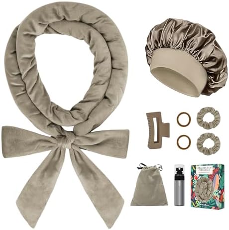 Gwabee Heatless Curls Overnight Hair Curlers to Sleep In, 9 PCS Velvet Heatless Hair Curler Overnight Curls for Women Long Hair Volumes, Heatless Curling Waves Set with Sleep Bonnet - Light Brown by Gwabee