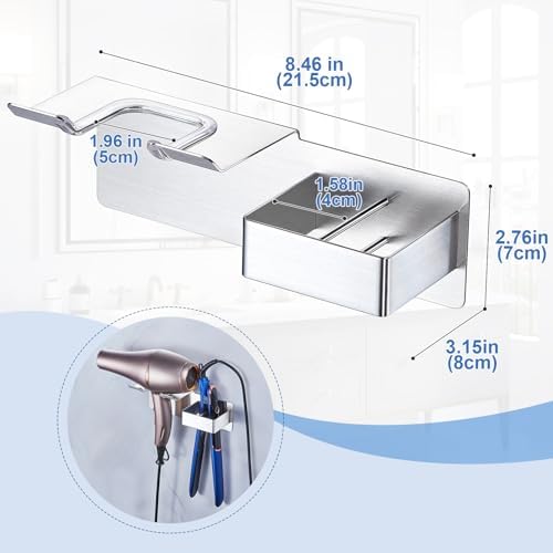 Hair Dryer Holder Wall Mounted, Hair Straightener Holder Metal, Adhesive Blow Dryer and Hair Straightener Holder, Bathroom Bedroom Hair Tool Organizer for Flat Iron,Curling Iron,Hairdryer (Sliver) - Image 6