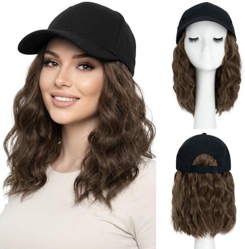 SEGO Hat with Hair Baseball Cap with Hair Extensions for Women Heat Resistant Synthetic 8" Adjustable Long Curly Hairpiece Replacement Wigs in Black Hat for Girls 10A Light Brown by SEGO