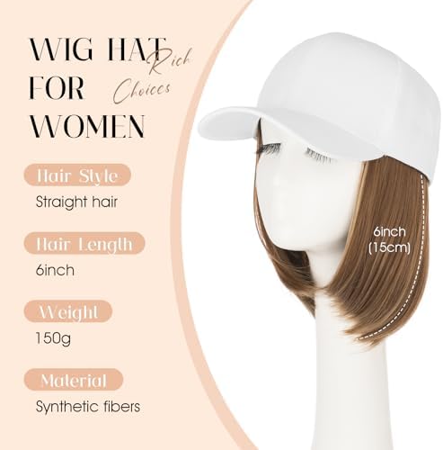 Rich Choices Hat Wigs for Women,White Baseball Cap with Hair Extensions for Women,Short Bob Hairstyle Caps with Hairs Attached Adjustable Baseball Cap Wig 6 Inch-Highlighted Dark Brown Hair - Image 2