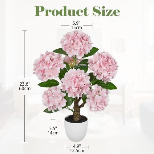 2FT Pink Hydrangea Artificial Flowers Tree Large Real Touch Faux Silk Hydrangea Plants Potted Fake Flower in White Pot for Home Indoor Outdoor Front Porch Garden Entrance Living Room Decor - Image 2