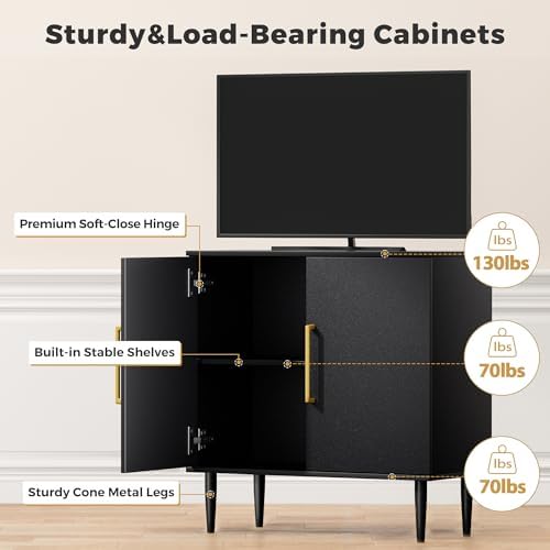 Vrullu Modern Storage Cabinet, Freestanding Buffet Cabinet with Adjustable Shelf, Black Sideboard and Buffet Storage, Wood Accent Furniture for Living Room, Hallway, Entryway, Dining Room (4, Black) - Image 5