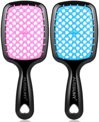 2 Pack Vented Detangling Hair Brush - Detangler Hairbrush with Soft Bristles for Effortless Tangle Free - Ideal for Wet Dry or Damaged Hair for Women Men Kids -Mixed Colors by Aussumy