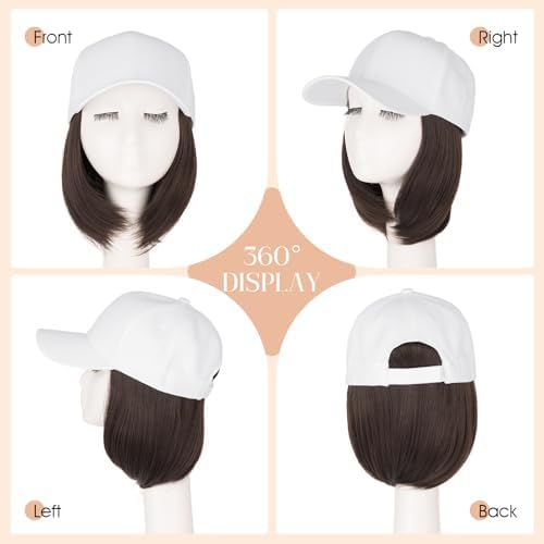 Rich Choices Hat Wigs for Women,White Baseball Cap with Hair Extensions for Women,Short Bob Hairstyle Caps with Straight Synthetic Hair Attached Adjustable Baseball Cap Wig 6 Inch-Dark Brown Hair - Image 5