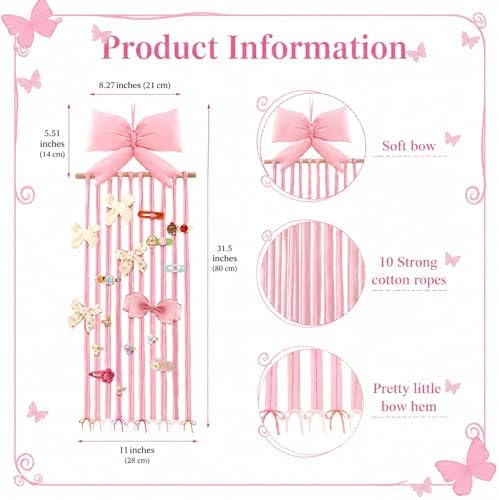 Suncalla Long Bow Holder for Girls Baby Pink Bow Hair Clip Organizer - Image 3