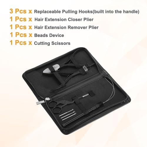 HARFINGTON Hair Extension Beading Tool Kit Stainless Steel Hair Extensions Micro Link Bead Closer and Remover Pliers Micro Ring Loop Needle Pulling Hook and Cutting Scissors, Black - Image 3