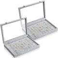 Yinkin 2 Pcs 100 Slots Ring Organizer Box with Transparent Glass Lid Necklace Display Tray Ring Case Velvet Jewelry Holder (Gray) by Yinkin