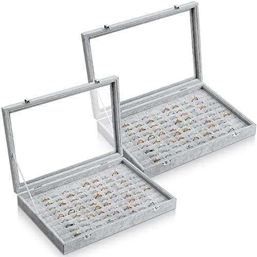 Yinkin 2 Pcs 100 Slots Ring Organizer Box with Transparent Glass Lid Necklace Display Tray Ring Case Velvet Jewelry Holder (Gray) by Yinkin