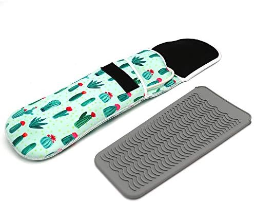 Heat Resistant Travel Hair Curler Flat Iron Pouch and Silicone Mat Set (Catcus) by CAMSTIC