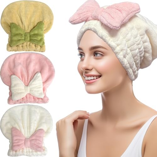 Jseng 3Packs Microfiber Hair Towel for Women - Quick-Drying, Super Absorbent Hair Wrap with Bow Design, Soft Hair Towel Turban for Curly Long Wet Hair by Jseng