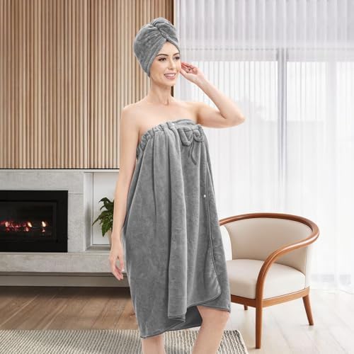 Women's Bath Towel Wrap with Hair Towel, Adjustable Soft Microfiber–Grey - Image 6