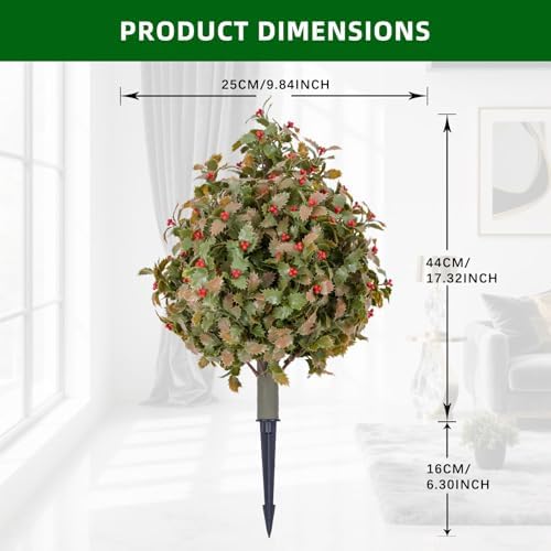 23.6" Artificial Holly Topiary Ball Trees with Metal Ground Spike, Set of 2 - Image 7