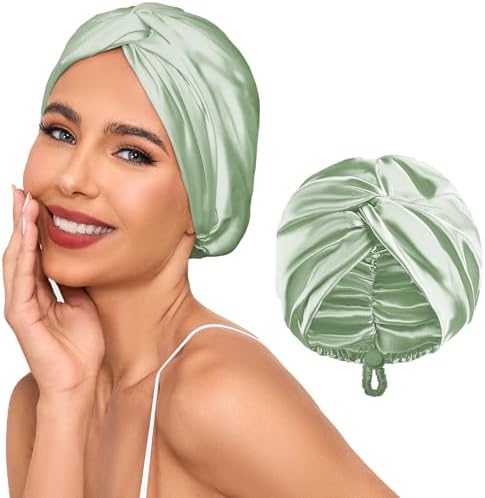 Adjustable Silk Satin Hair Bonnet for Sleeping Women, Double Layer, Silk Hair Wrap for Sleeping Women Men, Curly Natural Braid Straight Unisex - Green by Baqzqudnl