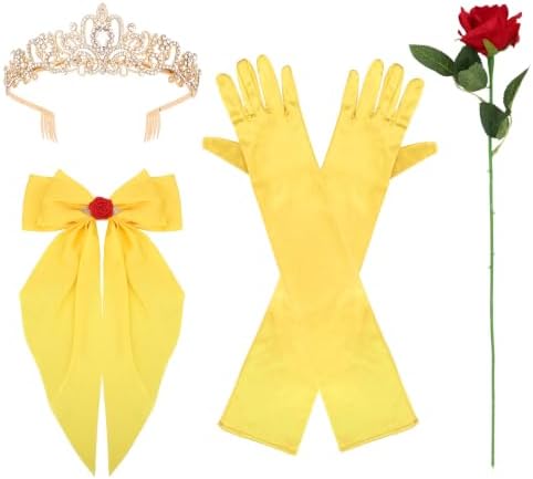 Princess Costume Accessories Crown Rose Hair Bow Yellow Gloves Kit by Uintoon