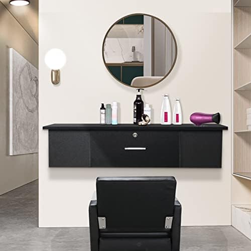 Salon Stations for Hair Stylist, Wall Mount Styling Station Classic Locking Barber Stations Beauty Salon Equipment with Drawer (with 1 Drawers &3 Hair Dryer, Black) - Image 6