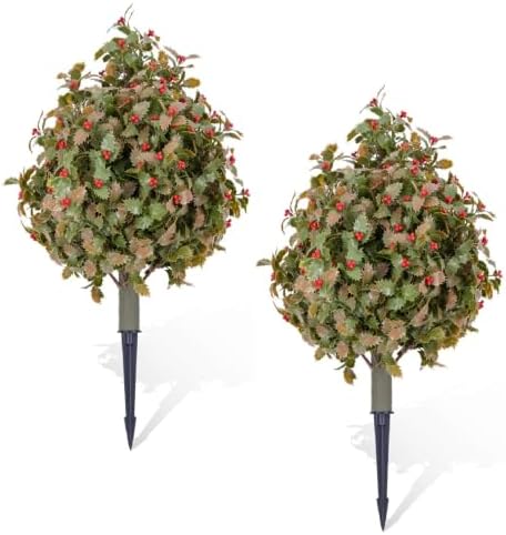 23.6" Artificial Holly Topiary Ball Trees with Metal Ground Spike, Set of 2 by JustSmart
