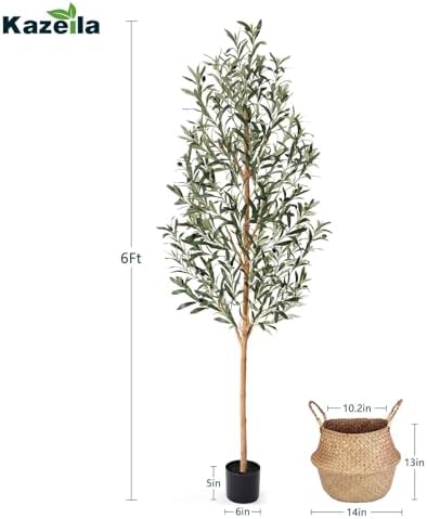 Faux Olive Tree 6FT – Tall Artificial Plants Indoor with Real Wood Trunk & Seagrass Basket, Lifelike Silk Leaves & Fruits – Potted Large Fake Trees for Home, Living Room, Bedroom & Office Decor - Image 3