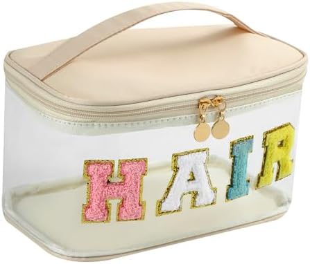 uekeboag Chenille Letter Clear Hair Makeup Bag(07Beige) by uekeboag