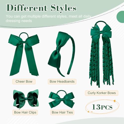 DEEKA Dark Green School Hair Accessories Set 13 Pcs Uniform Hair Bow Headband Clips Hair Ties Curly Korker Bows for Little Toddler School Girls (Dark Green) - Image 2