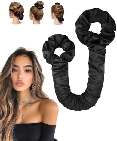 BONNET QUEEN Large Satin Heatless Hair Curler for Long Thick Hair, All-in-One Overnight Curling Rod, Heatless Curls Bun with Built-in Scrunchies, Day-to-Night Styling for Sleep, Travel & Gym, Black by BonnetQueen