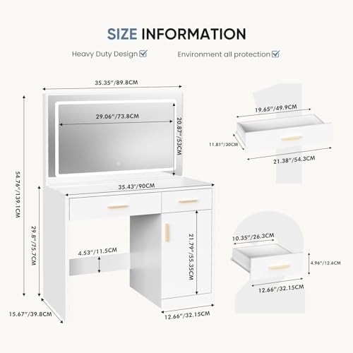 DUMOS 35" Large Vanity Desk with LED Lights Mirror & Charging Station - Image 2