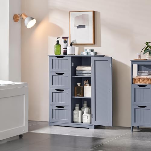 Yaheetech Bathroom Storage Cabinet with 4 Beadboard Drawers and Door, Gray - Image 2