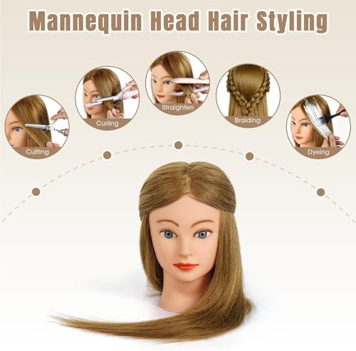 Mannequin Head with 100% Human Hair,22''Real Hair Cosmetology Mannequin Manikin Head Hair Styling Hairdressing Practice Training Doll Head Hairs with Clamp Holder and Tools(Light Brown Blue Eyes) - Image 3