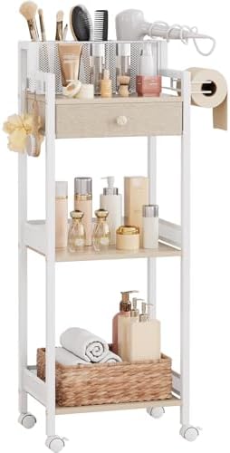 3 Tier Bathroom Organizer Shelf with Drawer, Rolling Makeup Cart by HomeLivingStorageOrganizer