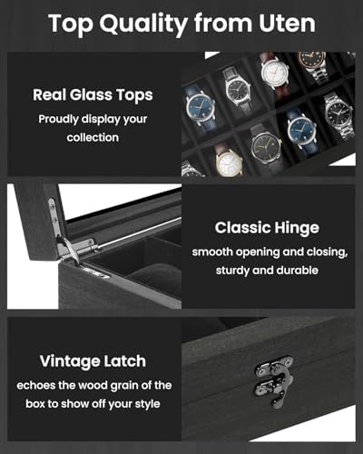 Uten Watch Box 12 Slot for Men, Watch Display Case with Soft Pillow, Black - Image 4