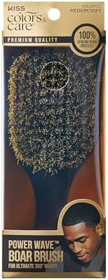 KISS COLORS & CARE 360° Power Wave Palm Brush - Medium Soft, Curved Handle, High-Density Boar Bristles for Deep Waves, Shed-Free Grip by KISSCOLORSCARE