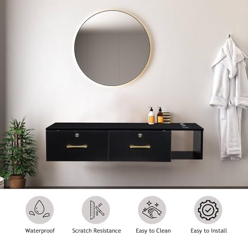 Wall Mount Salon Stations for Hair Stylist, Barber Station with 3 Hair Dryer Holes and 2 Lockable Drawers with Lock, Floating Makeup Vanity for Spa Barber Shop, Room, Beauty Salon, Bathroom (Black) - Image 4