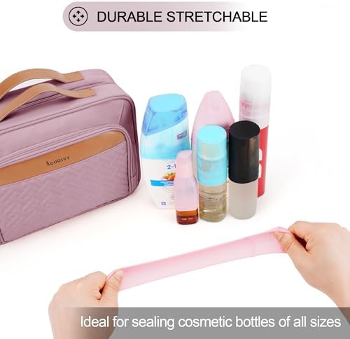 COOSKY Travel Hanging Toiletry Bag for Women, Large Makeup Bag 8 Leak Proofing Silicone Bottle Covers, Waterproof Cosmetic Bag with Jewelry Organizer Compartment, Toiletries Kit Set, Purple - Image 2