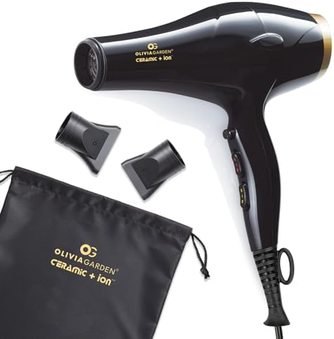 Olivia Garden 1875W Ceramic + Ion Professional Hair Dryer for Men and Women - Fast Drying Blow Dryer - Powerful Ionic Generator - 3 Heat Settings - With 2 Nozzles and Storage Bag by Unknown