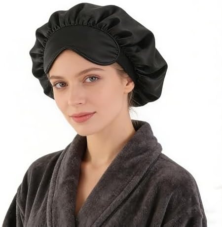 INOGIH Black Silk Satin Bonnets for Women Men Wide Band Hair Wrap Cap for Curly Hair Shower Cap for Sleeping - Image 5