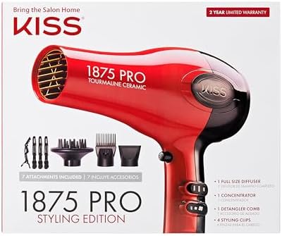 Kiss 1875 Watt Pro Tourmaline Ceramic Hair Dryer, Styling Edition, 3 Heat Settings, 2 Speed Settings, Cool Shot Button, 7 Blow Dryer Accessories Included, 2-Year Warranty - Red by KISS