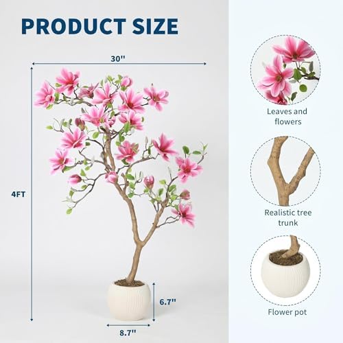 Artificial Magnolia Tree with Soft Pink Blooms, 4FT,Lifelike Faux Magnolia Tree in Pot, Silk Artificial Flowering Tree for Indoor Home Decor, Living Room, Office, Bedroom, Entryway - Image 2