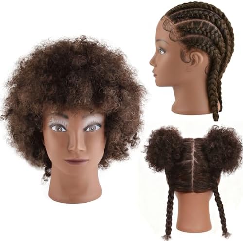 Afro Mannequin Head with 100% Human Hair Mannequin Head Curly Cosmetology for Display Practice Braiding Styling Training Head Hair Styling (Brown, 6 Inch) by AliLeader